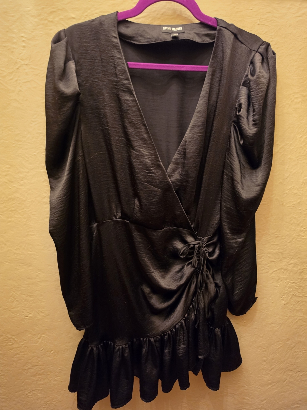 Steve Madden Black Satin Faux Wrap Ruched Mini Dress Ruffle Hem L - Picture 4 of 14
